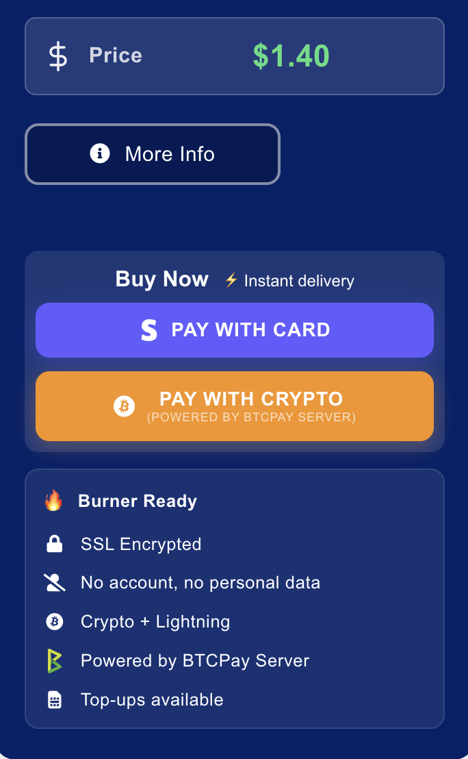 PikaSim checkout showing Pay with Crypto button alongside Pay with Card